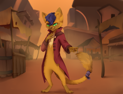 Size: 1024x778 | Tagged: safe, artist:reysi, derpibooru import, capper dapperpaws, abyssinian, anthro, cat, digitigrade anthro, my little pony: the movie, clothes, coat, klugetown, looking at you, male, paw pads, paws, solo, underpaw
