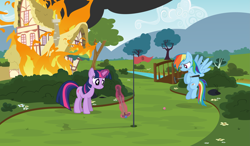 Size: 6233x3637 | Tagged: safe, artist:boneswolbach, artist:kevinerino, rainbow dash, twilight sparkle, pegasus, pony, fire, golf, magic, minigolf, vector