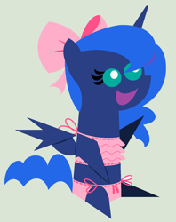 Size: 1024x1296 | Tagged: safe, artist:evilfrenzy, princess luna, alicorn, pony, bra, clothes, crop top bra, panties, pink underwear, pointy ponies, ribbon, simple background, sitting, solo, underwear