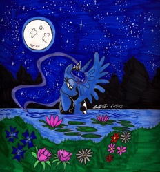 Size: 1618x1747 | Tagged: safe, artist:newyorkx3, princess luna, alicorn, duck pony, pony, female, flower, forest, full moon, lidded eyes, mare, moon, night, pond, sky, solo, spread wings, stars, swanluna, swimming, traditional art, wading, water, wings