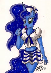 Size: 865x1252 | Tagged: safe, artist:newyorkx3, princess luna, anthro, belly button, sailor, solo, traditional art