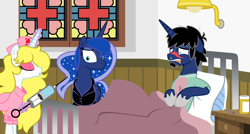 Size: 1600x857 | Tagged: safe, artist:evilfrenzy, princess luna, oc, alicorn, pony, hospital, syringe