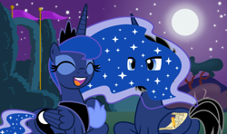 Size: 1600x949 | Tagged: safe, artist:evilfrenzy, princess luna, oc, alicorn, pony, crown, duo, duo female, female, horn, mare