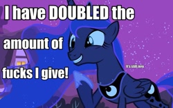 Size: 799x497 | Tagged: safe, princess luna, alicorn, pony, female, horn, image macro, mare, no fucks, vulgar