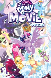 Size: 1987x3056 | Tagged: safe, artist:tonyfleecs, derpibooru import, idw, applejack, capper dapperpaws, captain celaeno, fluttershy, grubber, pinkie pie, princess celestia, princess luna, princess skystar, queen novo, rainbow dash, rarity, spike, storm king, tempest shadow, twilight sparkle, twilight sparkle (alicorn), alicorn, anthro, dragon, pony, seapony (g4), my little pony: the movie, my little pony: the movie prequel, spoiler:comic, spoiler:comic mlp movie prequel, amazon.com, anthro with ponies, comic, cover, mane seven, mane six, my little pony logo, official, united kingdom