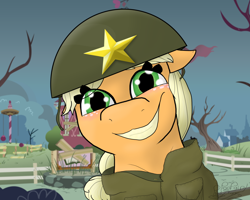 Size: 1024x819 | Tagged: safe, artist:boneswolbach, artist:poofgirl, applejack, earth pony, pony, friendship is witchcraft, clothes, grin, helmet, how applejack won the war, solo, uniform