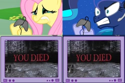 Size: 1126x752 | Tagged: safe, fluttershy, princess luna, alicorn, pegasus, pony, controller, dark souls, exploitable meme, female, gamer luna, gamer meme, gamershy, hoof hold, lip bite, mare, meme, obligatory pony, pink mane, teary eyes, teeth, tv meme, yellow coat