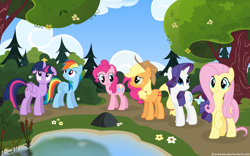 Size: 4096x2560 | Tagged: safe, artist:boneswolbach, artist:djdavid98 edits, artist:flarescale, artist:gurugrendo, artist:kooner-cz, artist:mamandil, artist:reginault, artist:the smiling pony, artist:yanoda, applejack, fluttershy, pinkie pie, rainbow dash, rarity, twilight sparkle, twilight sparkle (alicorn), alicorn, earth pony, pegasus, pony, unicorn, cloud, cloudy, female, floppy ears, flower, forest, mane six, mare, wallpaper, water