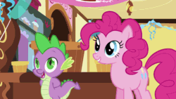 Size: 1280x720 | Tagged: safe, edit, edited screencap, screencap, cloud kicker, pinkie pie, spike, dragon, earth pony, pegasus, pony, griffon the brush off, animated, background pony, blindfold, cropped, cute, dragons riding ponies, female, gif, hoofy-kicks, horses doing horse things, laughing, male, mare, out of context, puffy cheeks, rearing, riding, scrunchy face, smiling, sugarcube corner