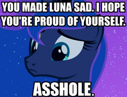 Size: 500x384 | Tagged: safe, princess luna, alicorn, pony, alacorn, image macro, reaction image, sad, solo, vulgar