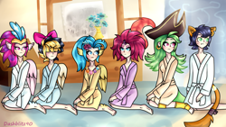 Size: 1360x768 | Tagged: safe, artist:dashblitz90-fonnie, derpibooru import, capper dapperpaws, captain celaeno, princess skystar, queen novo, songbird serenade, tempest shadow, human, my little pony: the movie, alternate hairstyle, barefoot, bathrobe, broken horn, clothes, ear piercing, eared humanization, earring, feet, female, hat, horned humanization, humanized, jewelry, male, piercing, pirate hat, robe, tailed humanization, wing ears