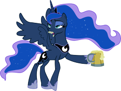 Size: 8040x6000 | Tagged: safe, artist:synthrid, princess luna, alicorn, pony, absurd resolution, cider, dexterous hooves, drunk, drunk luna, ethereal mane, female, hoof hold, hoof shoes, lidded eyes, mare, mug, simple background, solo, spread wings, starry mane, transparent background, vector, wings