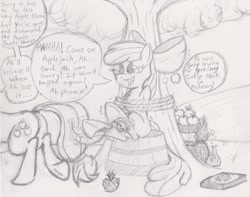 Size: 2929x2312 | Tagged: safe, artist:darkknighthoof, artist:darkknightwolf2011, apple bloom, applejack, earth pony, pony, apple, basket, bondage, book, brush, dishonorapple, feather, fetish, hoof fetish, hooves, monochrome, pineapple, potion, rope, sibling tickling, tickle fetish, tickle torture, tickling, tied up, traditional art, tree, underhoof