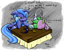 Size: 924x720 | Tagged: safe, artist:0r0ch1, princess luna, spike, alicorn, dragon, pony, alcohol, drink, drunk, drunk luna, drunker spike, kotatsu, s1 luna