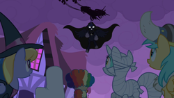 Size: 1280x720 | Tagged: safe, screencap, cloud kicker, lyra heartstrings, mayor mare, princess luna, sunshower raindrops, ghost, luna eclipsed, bedsheet ghost, chariot, dramatic entrance, echo (bat pony), echo and nocturn, glowing eyes, luna's chariot, nightmare night, nocturn, silhouette