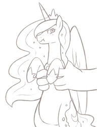 Size: 1076x1404 | Tagged: safe, artist:redintravenous, princess luna, human, pony, holding a pony, monochrome, scrunchy face