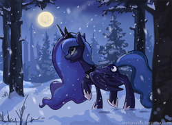 Size: 1000x727 | Tagged: safe, artist:spainfischer, princess luna, alicorn, pony, forest, moon, snow, snowfall, solo, tower, tree, winter