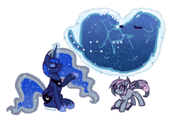 Size: 900x600 | Tagged: safe, artist:fyrebeam, princess luna, oc, alicorn, pony, ursa minor, book, constellation, ethereal mane, galaxy mane, glowing horn, magic, telekinesis