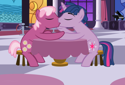 Size: 1600x1095 | Tagged: safe, artist:evilfrenzy, cheerilee, dusk shine, jubilance, twilight sparkle, ballroom, cheerilight, gay, kissing, male, rule 63, shipping