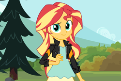 Size: 6000x4000 | Tagged: safe, artist:boneswolbach, artist:spottedlions, sunset shimmer, equestria girls, absurd resolution, clothes, cute, female, jacket, leather jacket, looking at you, scenery, shimmerbetes, solo