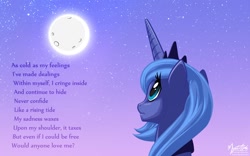 Size: 1680x1050 | Tagged: safe, artist:mysticalpha, princess luna, alicorn, pony, anhero23, moon, poem, s1 luna, solo