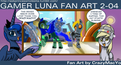 Size: 1100x592 | Tagged: safe, artist:crazymacyo, artist:johnjoseco, derpy hooves, princess luna, alicorn, pegasus, pony, ask princess molestia, female, gamer luna, mare, ratchet and clank