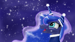 Size: 1920x1080 | Tagged: safe, artist:mrdaviez, princess luna, alicorn, pony, clothes, earmuffs, scarf, snow, snowfall, solo, winter