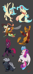 Size: 595x1304 | Tagged: safe, artist:joliecarbone, derpibooru import, capper dapperpaws, captain celaeno, grubber, princess skystar, queen novo, tempest shadow, abyssinian, anthro, cat, classical hippogriff, digitigrade anthro, hippogriff, seapony (g4), unicorn, my little pony: the movie, amputee, angry, armor, broken horn, cutlass, eye scar, female, gray background, happy, hat, male, mare, peg leg, pirate hat, prosthetic leg, prosthetic limb, prosthetics, scar, simple background, spread wings, sword, weapon, wings