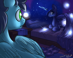 Size: 2000x1600 | Tagged: safe, artist:atryl, artist:edef, edit, princess luna, soarin', alicorn, pony, :o, bed, bedroom, clothes, dark, female, magic, male, missing accessory, open mouth, prone, shipping, slippers, smiling, soaruna, spread wings, straight, wide eyes