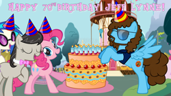 Size: 1920x1080 | Tagged: safe, artist:boneswolbach, artist:floppychiptunes, artist:grapefruitface1, dj pon-3, octavia melody, pinkie pie, vinyl scratch, oc, oc:electric light, earth pony, pegasus, pony, unicorn, pony creator, cake, celebration, complex background, female, food, happy birthday, hat, jeff lynne, male, mare, party, party hat, stallion, wallpaper