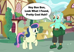 Size: 1516x1074 | Tagged: safe, artist:boneswolbach, artist:equestriaguy637, bon bon, lyra heartstrings, sweetie drops, earth pony, pony, unicorn, aardman animations, crossover, cutie mark, dialogue, duo, ponyville, robot legs, speech bubble, talking, techno trousers, the wrong trousers, wallace and gromit