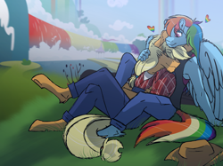 Size: 2732x2048 | Tagged: safe, artist:boneswolbach, artist:craftybrony, artist:percy-mcmurphy, applejack, rainbow dash, anthro, pegasus, unguligrade anthro, appledash, clothes, eyes closed, female, lesbian, pants, pride, pride month, shipping, waterfall