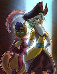 Size: 2550x3300 | Tagged: safe, artist:heliart-s, artist:heliasanto, derpibooru import, capper dapperpaws, captain celaeno, abyssinian, anthro, bird, cat, digitigrade anthro, parrot, my little pony: the movie, clothes, crossed arms, duo, female, hand on hip, looking at you, male, smiling