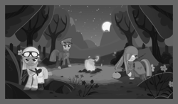 Size: 1024x602 | Tagged: safe, artist:boneswolbach, artist:brony-works, artist:dreadmaster231, limestone pie, marble pie, maud pie, earth pony, pony, campfire, female, mare, monochrome, pie sisters, siblings, sisters, world war i