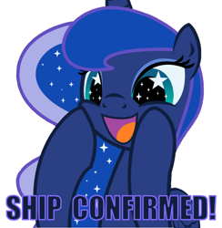 Size: 692x708 | Tagged: safe, artist:drawcreator, artist:evilfrenzy, edit, princess luna, alicorn, pony, adorable face, cute, female, implied shipping, luna the shipper, mare, meme, open mouth, shipper on deck, simple background, smiling, solo, squee, starry eyes, text, white background, wingding eyes