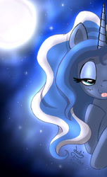 Size: 700x1150 | Tagged: safe, artist:joakaha, princess luna, alicorn, pony, :3, bedroom eyes, blushing, moon, solo, tongue out