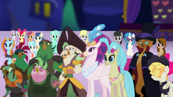 Size: 1920x1080 | Tagged: safe, artist:dashiemlpfim, artist:yoshigreenwater, derpibooru import, bon bon, boyle, capper dapperpaws, captain celaeno, coco pommel, derpy hooves, dj pon-3, lix spittle, lyra heartstrings, mullet (character), murdock, octavia melody, princess skystar, queen novo, sassy saddles, songbird serenade, sweetie drops, vinyl scratch, oc, oc:cupcake slash, anthro, classical hippogriff, digitigrade anthro, hippogriff, pony, my little pony: the movie, anthro with ponies, background pony, beauty mark, ear piercing, earring, female, jewelry, parrot pirates, piercing, pirate