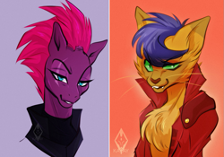 Size: 1001x700 | Tagged: safe, artist:kagay, derpibooru import, capper dapperpaws, tempest shadow, abyssinian, anthro, pony, unicorn, my little pony: the movie, anthro with ponies, broken horn, bust, chest fluff, clothes, coat, eye scar, orange background, purple background, raised eyebrow, scar, simple background, smiling, smirk