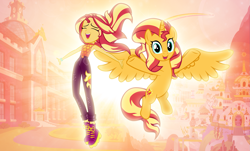 Size: 4057x2452 | Tagged: safe, artist:andoanimalia, artist:boneswolbach, artist:cloudyglow, artist:mlp-vector-collabs, edit, sunset shimmer, alicorn, pony, better together, equestria girls, let it rain, alicornified, canterlot high, clothes, cutie mark, fiery shimmer, glow, human ponidox, pants, race swap, self ponidox, shimmercorn, shoes, sunset shimmer day, sunshine shimmer, wallpaper, wallpaper edit