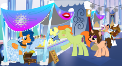 Size: 11000x6000 | Tagged: safe, artist:evilfrenzy, oc, oc only, oc:azure, oc:azure/sapphire, oc:chloe adore, oc:cold front, oc:leviathan, oc:sapphire, earth pony, pegasus, pony, unicorn, absurd resolution, bits, blushing, bracelet, clothes, crossdressing, dress, evening gloves, exhibitionism, eyes closed, eyeshadow, female, femboy, gay, gloves, jewelry, kissing, kissing booth, lipstick, long gloves, makeup, male, mare, necklace, prostitution, public use, shoes, smiling, stallion