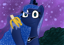 Size: 2464x1716 | Tagged: safe, artist:timeforsp, princess luna, alicorn, pony, banana, female, horn, mare, solo