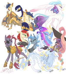 Size: 900x1000 | Tagged: safe, artist:creeate97, derpibooru import, capper dapperpaws, captain celaeno, queen novo, storm king, tempest shadow, anthro, classical hippogriff, digitigrade anthro, hippogriff, pony, unicorn, my little pony: the movie, the art of my little pony: the movie, anthro with ponies, armor, bow, broken horn, concept art, eyepatch, female, four eyes, hat, lightning, madame harpy, male, mare, mendax, pirate hat, scorpion tail, simple background, storm creature, tail wrap, three eyes, white background