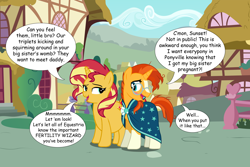 Size: 3000x2000 | Tagged: safe, artist:boneswolbach, artist:cloudyglow, artist:famousmari5, edit, edited edit, editor:wild stallions, sunburst, sunset shimmer, pony, unicorn, comic:the first incestuous foal of sunset shimmer, brother and sister, clothes, description is relevant, embarrassed, explicit description, female, flirting, glasses, incest, male, ponyville, pregnant, robe, shimmerburst, shipping, siblings, speech bubble, straight, sunburst's robe, suncest, suncest shimmer, sunny siblings, sunset preggers, vector