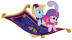 Size: 900x502 | Tagged: safe, artist:boneswolbach, pinkie pie, oc, oc:harmony star, alicorn, earth pony, pony, 8th century, 9th century, aladdin, alicorn oc, duo, flying, flying carpet, middle ages, simple background, transparent background, turban, west asia