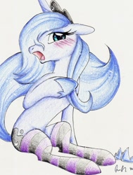 Size: 418x552 | Tagged: safe, artist:prettypinkpony, princess luna, alicorn, pony, blushing, clothes, sitting, solo, stockings, traditional art