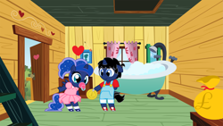 Size: 8889x5000 | Tagged: safe, artist:evilfrenzy, princess luna, oc, oc:frenzy, anthro, absurd resolution, animal crossing, anthro oc, bath, bathtub, bit, clothes, coin, crossover, cute, dress, female, filly, heart, male, pacifier, parody, pound sterling, woona, younger