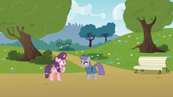 Size: 7680x4320 | Tagged: safe, artist:boneswolbach, artist:cloudyglow, artist:thisismyphotoshoppin, maud pie, sugar belle, earth pony, pony, unicorn, bench, bush, clothes, cloud, confrontation, duo, female, flower, mare, sky, tree, worried