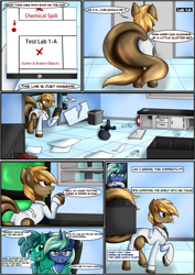 Size: 2893x4092 | Tagged: safe, artist:novaspark, oc, oc only, oc:mocha glaze, oc:morpha, oc:nova spark, goo pony, original species, comic:working for a mad mare, clothes, comic, lab coat, multiple tails, slime