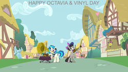 Size: 1280x720 | Tagged: safe, artist:boneswolbach, artist:jaredking203, artist:seahawk270, dj pon-3, octavia melody, vinyl scratch, earth pony, pony, unicorn, cello, duo, female, glasses, musical instrument, ponyville, victrola scratch, vinyl and octavia day