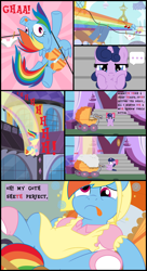 Size: 6000x11000 | Tagged: safe, artist:evilfrenzy, rainbow dash, oc, oc:twinkle star, pegasus, pony, comic:dolly dash, absurd resolution, bonnet, booties, clothes, clothes line, comic, crash, dazed, derp, dress, female, filly, pram, puffy cheeks, rainbow dash always dresses in style, tongue out